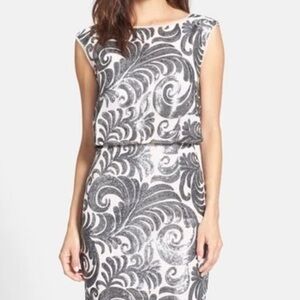 Adrianna Papell Sheath Metallic Sequin Blouson Dress Wedding Cocktail Sz 12